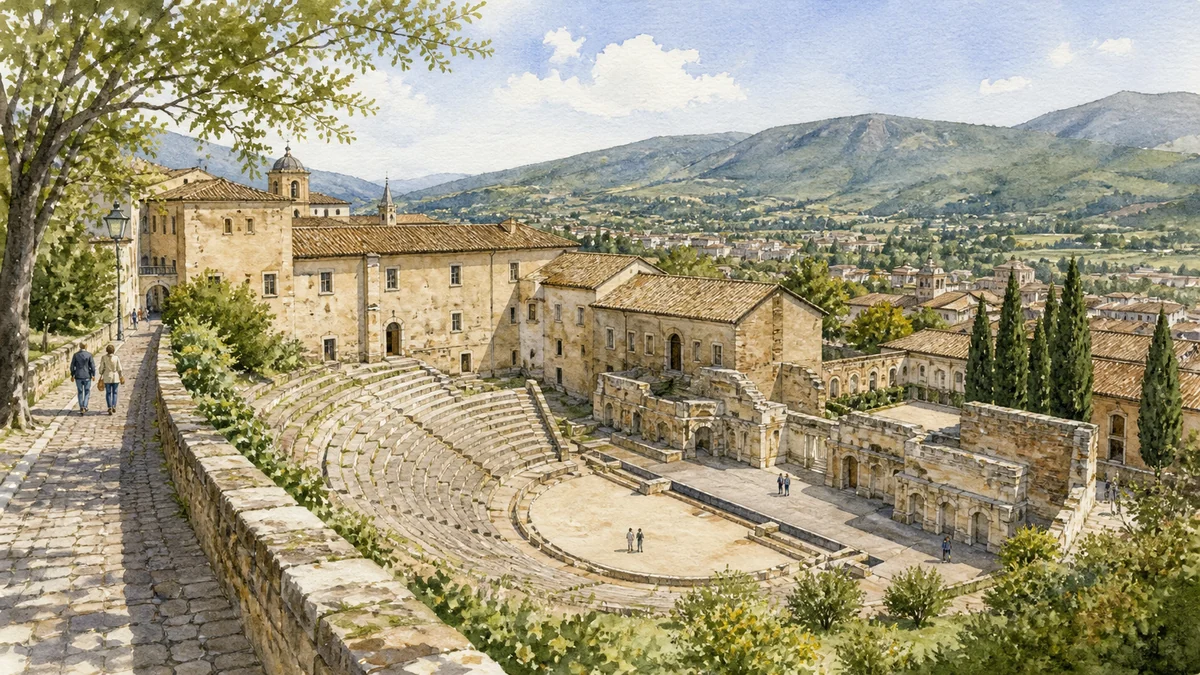 Original documentary watercolour showing Roman Theatre and Archaeological Museum in its Spoleto urban or landscape context