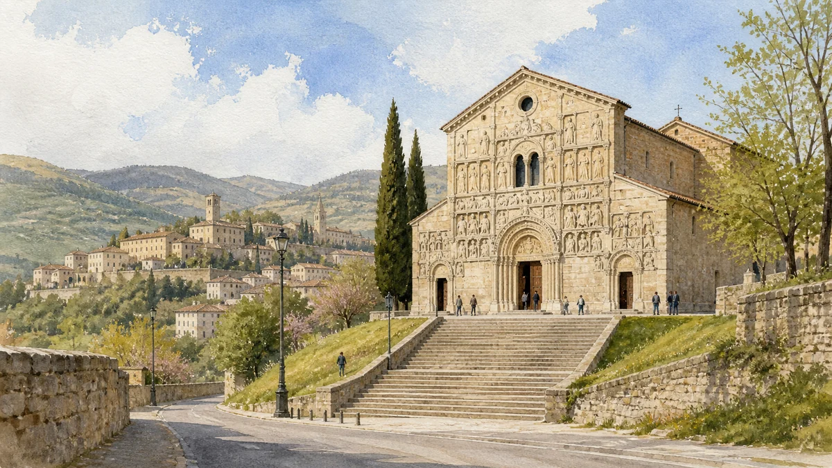 Original documentary watercolour showing San Pietro extra moenia in its Spoleto urban or landscape context