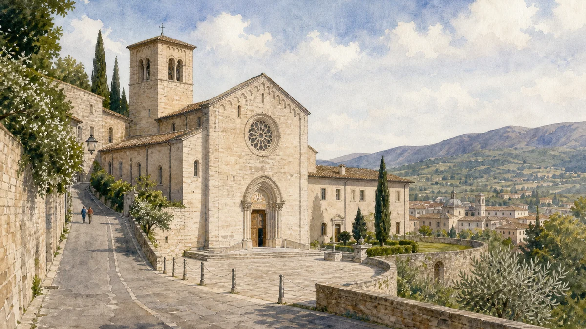 Original documentary watercolour showing San Ponziano in its Spoleto urban or landscape context