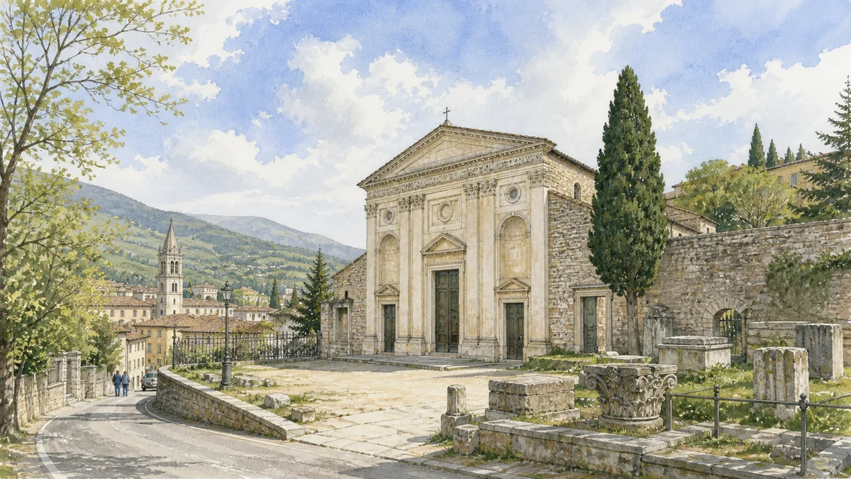Original documentary watercolour showing Basilica of San Salvatore in its Spoleto urban or landscape context