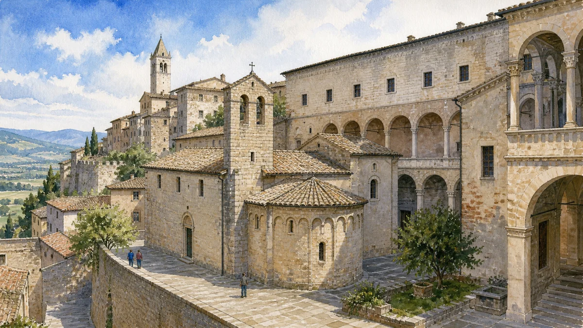 Original documentary watercolour showing Church of Sant'Eufemia in its Spoleto urban or landscape context