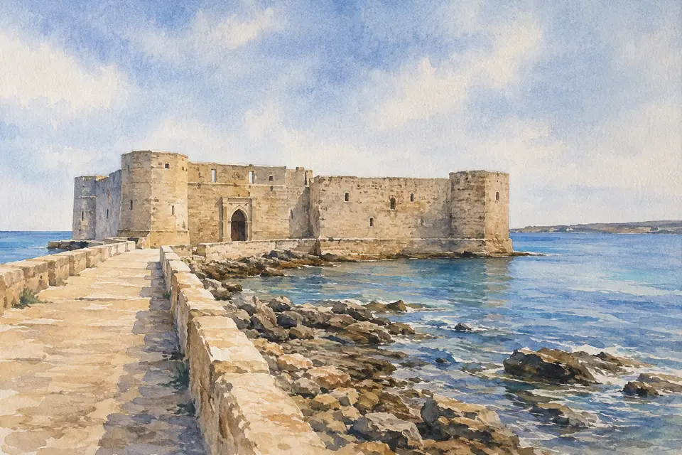 Watercolour view of Castello Maniace at the seaward tip of Ortigia
