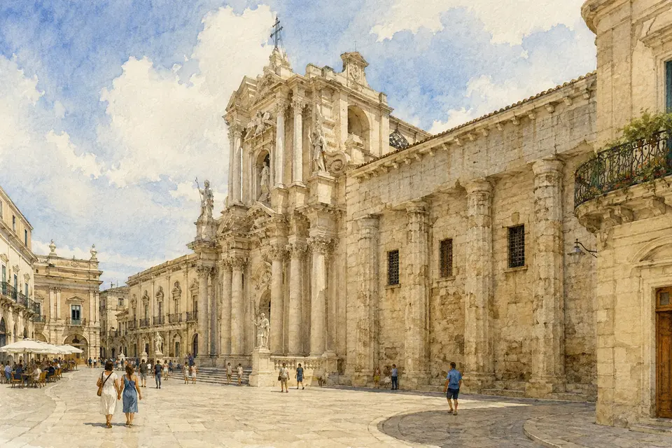 Watercolour view of Syracuse Cathedral and the ancient Temple of Athena columns in Piazza Duomo