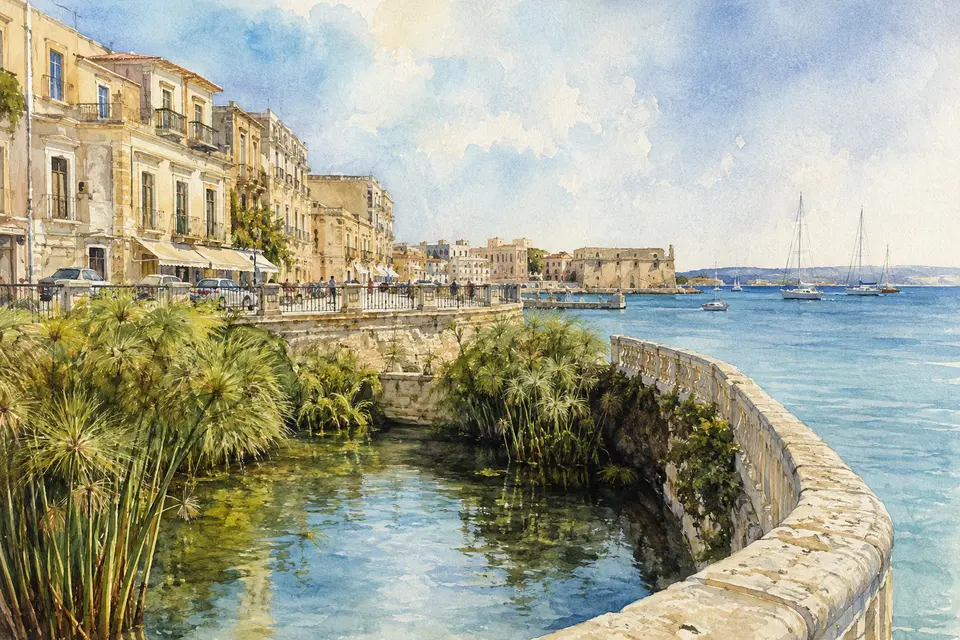 Watercolour view of Fonte Aretusa, its papyrus and the Great Harbour of Ortigia