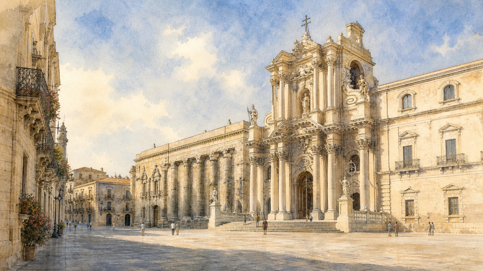 Documentary watercolour of Piazza Duomo in Ortigia, showing the Cathedral of Syracuse with the ancient Doric columns of the Temple of Athena embedded in its side