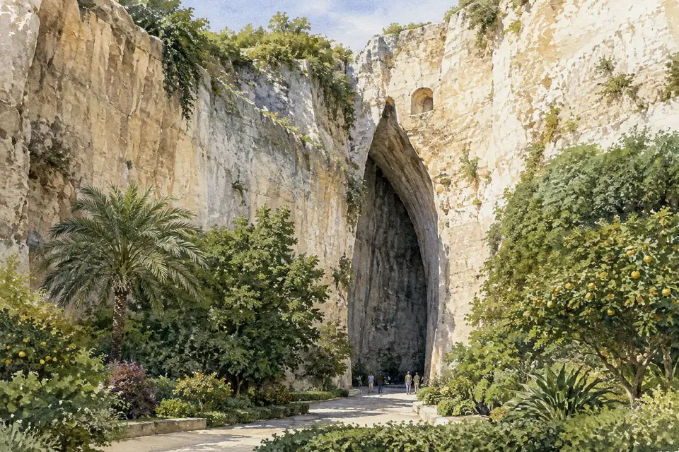 Watercolour view of the Ear of Dionysius cave entrance in the Latomie del Paradiso
