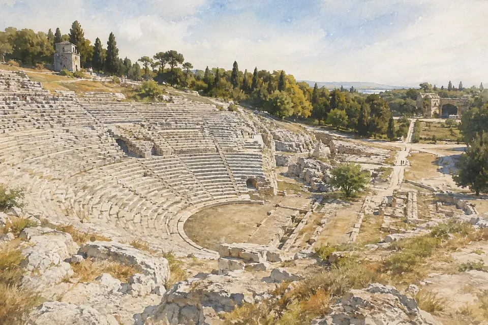 Watercolour panorama of the Greek Theatre and the wider Neapolis archaeological plateau