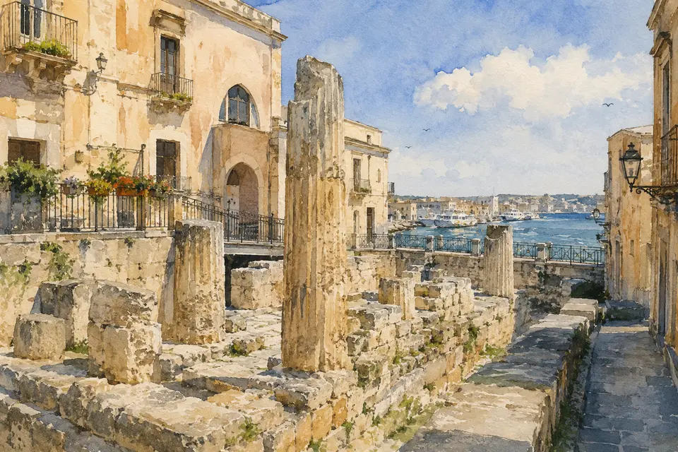 Watercolour view of the Temple of Apollo ruins within the streets of Ortigia