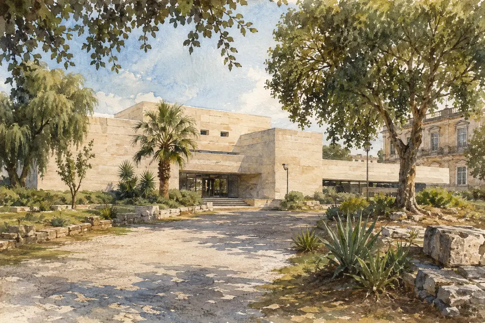 Watercolour exterior of the Paolo Orsi Archaeological Museum in its landscaped setting