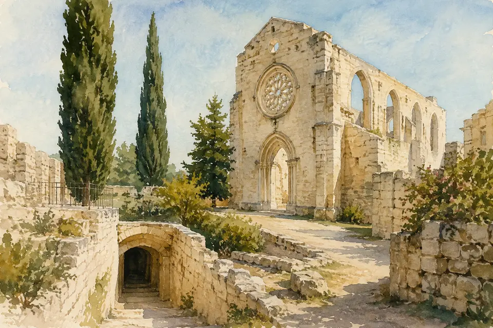 Watercolour view of the roofless Basilica of San Giovanni and the catacomb entrance