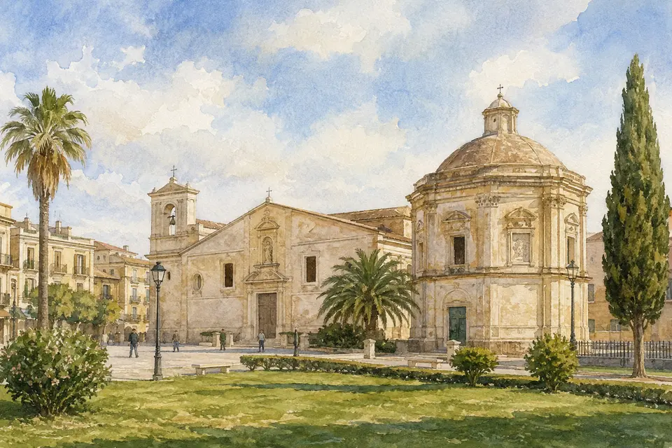 Watercolour view of the Basilica of Santa Lucia al Sepolcro and its octagonal rotunda