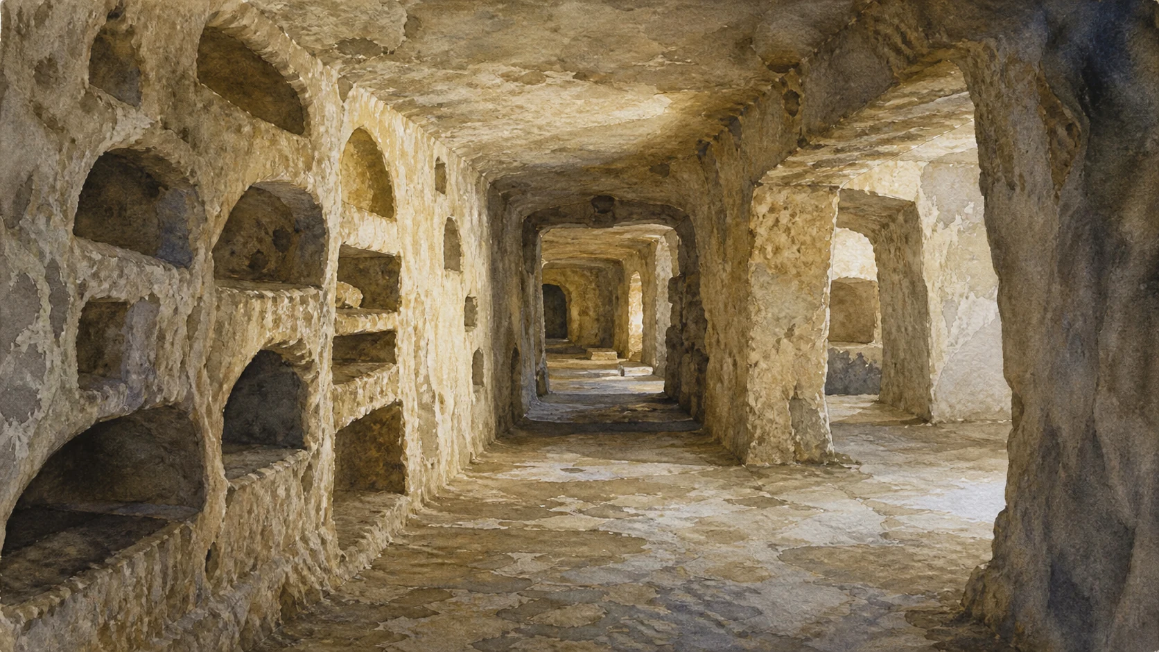 Documentary watercolour inside the Catacombs of San Giovanni in Syracuse with rock-cut galleries, burial recesses and restrained archaeological lighting
