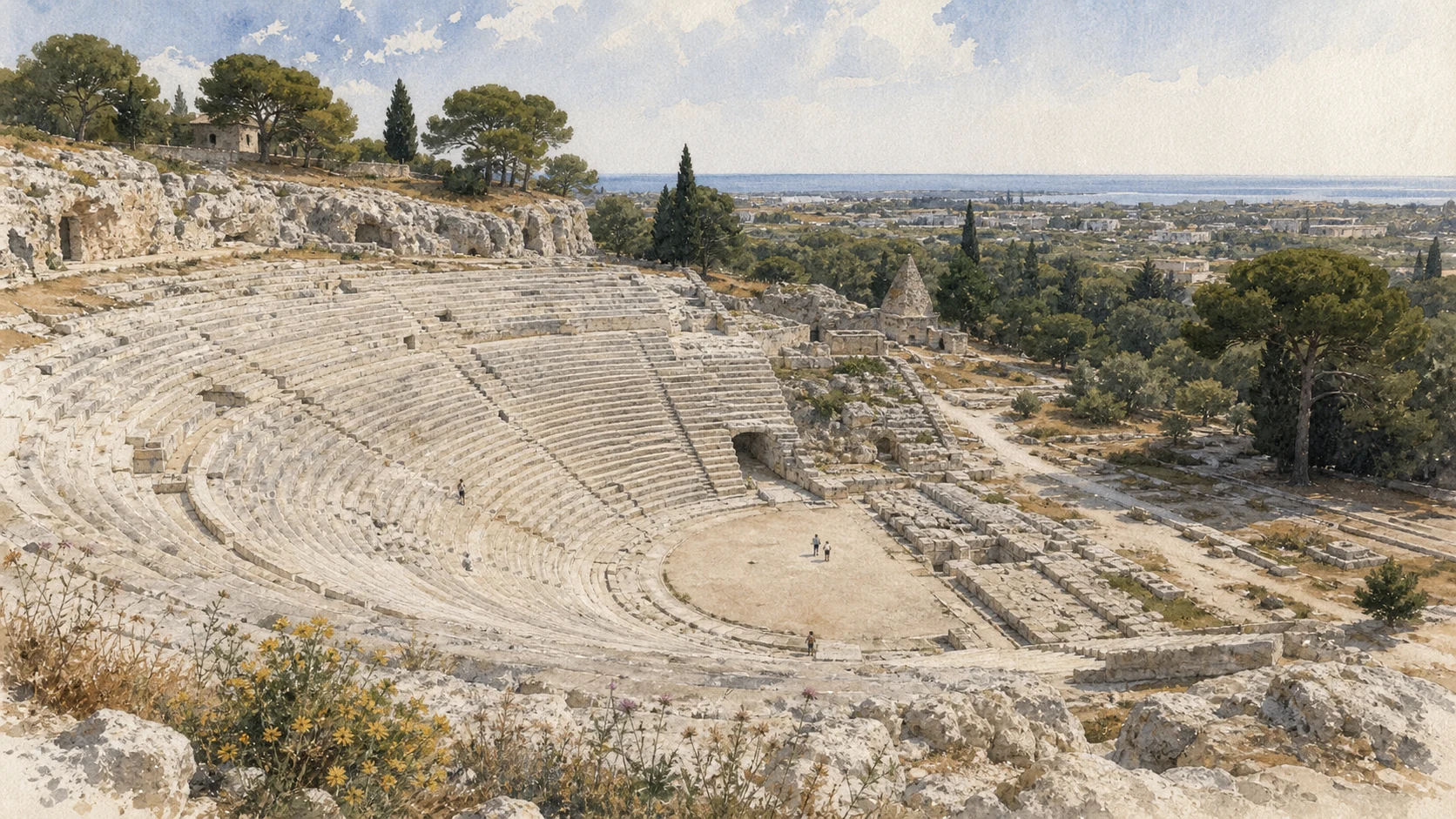 Documentary watercolour of the Greek Theatre of Syracuse with its rock-cut cavea, orchestra, low stage remains and Mediterranean pines