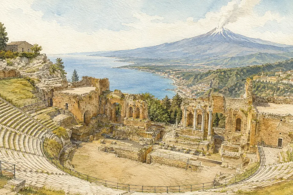 Watercolour view of the Ancient Theatre of Taormina with the Ionian coast and Mount Etna