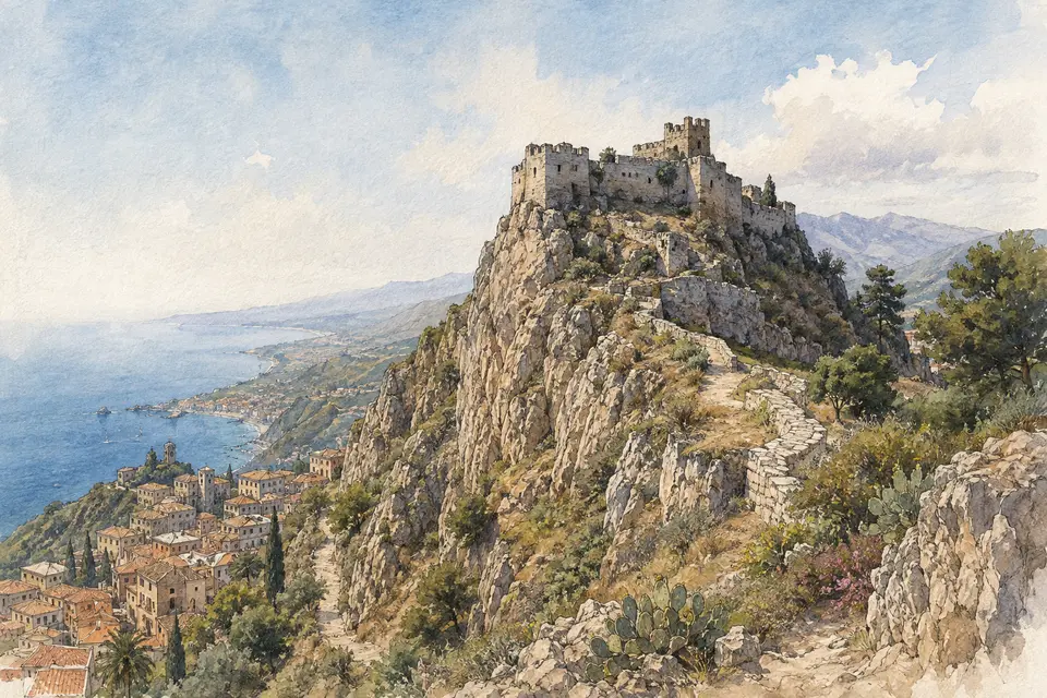 Watercolour view of Castel Tauro on the rocky summit above Taormina