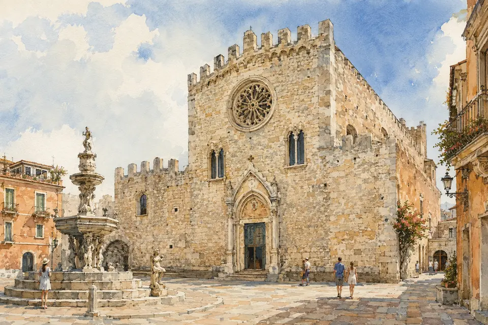 Watercolour view of Taormina Cathedral and the historic fountain in Piazza Duomo