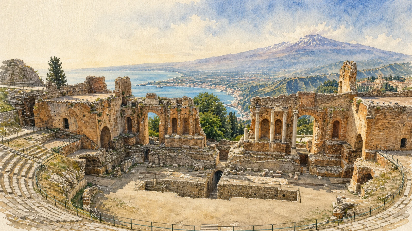 Documentary watercolour of the Ancient Theatre of Taormina, with the surviving Roman stage structure, the Ionian Sea and Mount Etna beyond