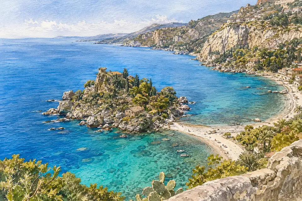Watercolour view of Isola Bella and its tidal causeway below Taormina