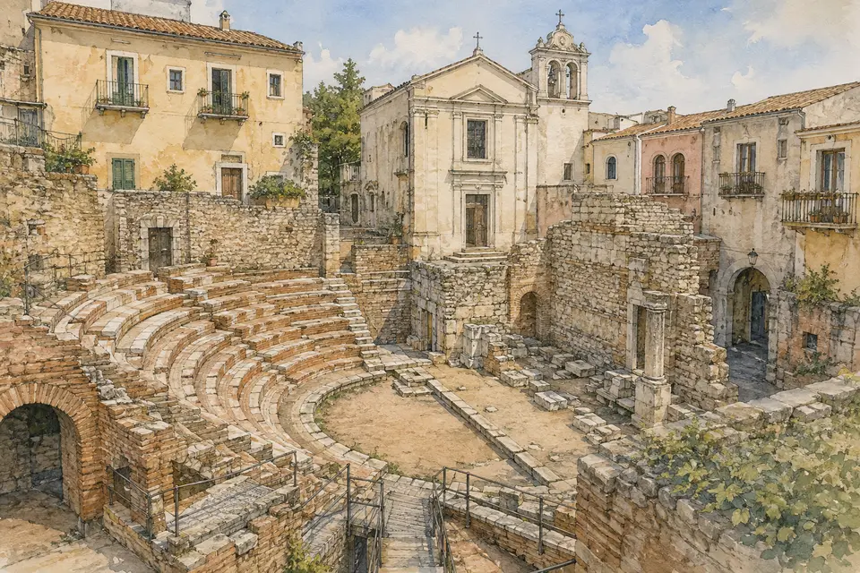 Watercolour view of the compact Roman Odeon embedded in Taormina's historic centre