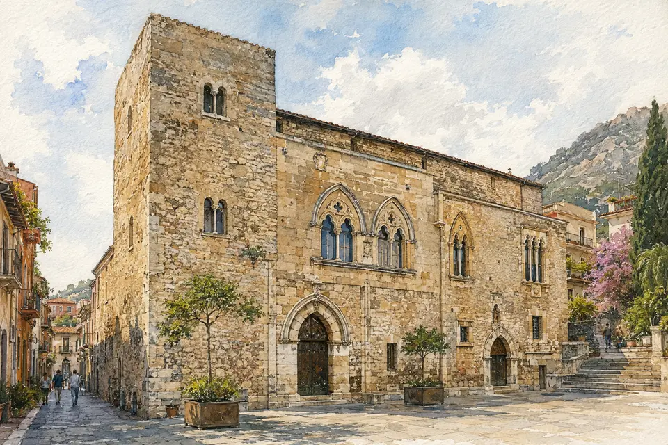Watercolour street view of medieval Palazzo Corvaja in Taormina