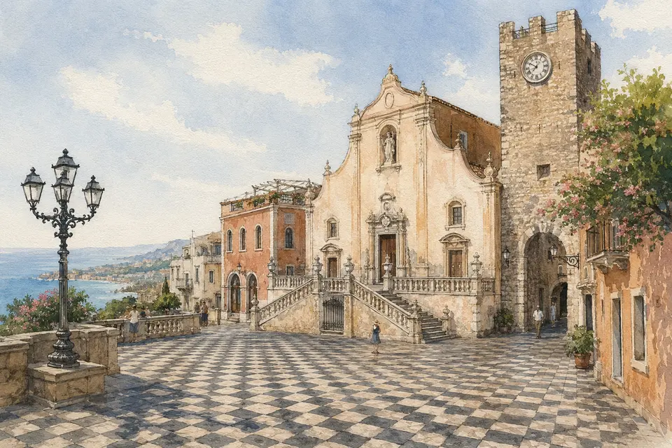 Watercolour view of Piazza IX Aprile, San Giuseppe and the Clock Tower in Taormina