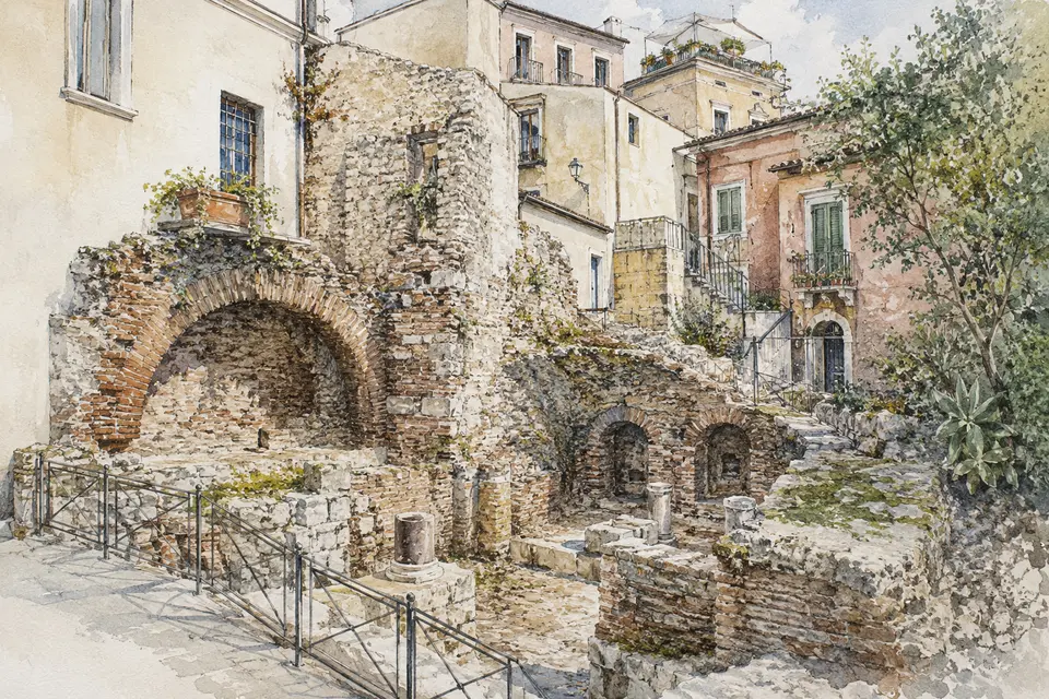 Watercolour view of Roman-period remains embedded in Taormina's historic town