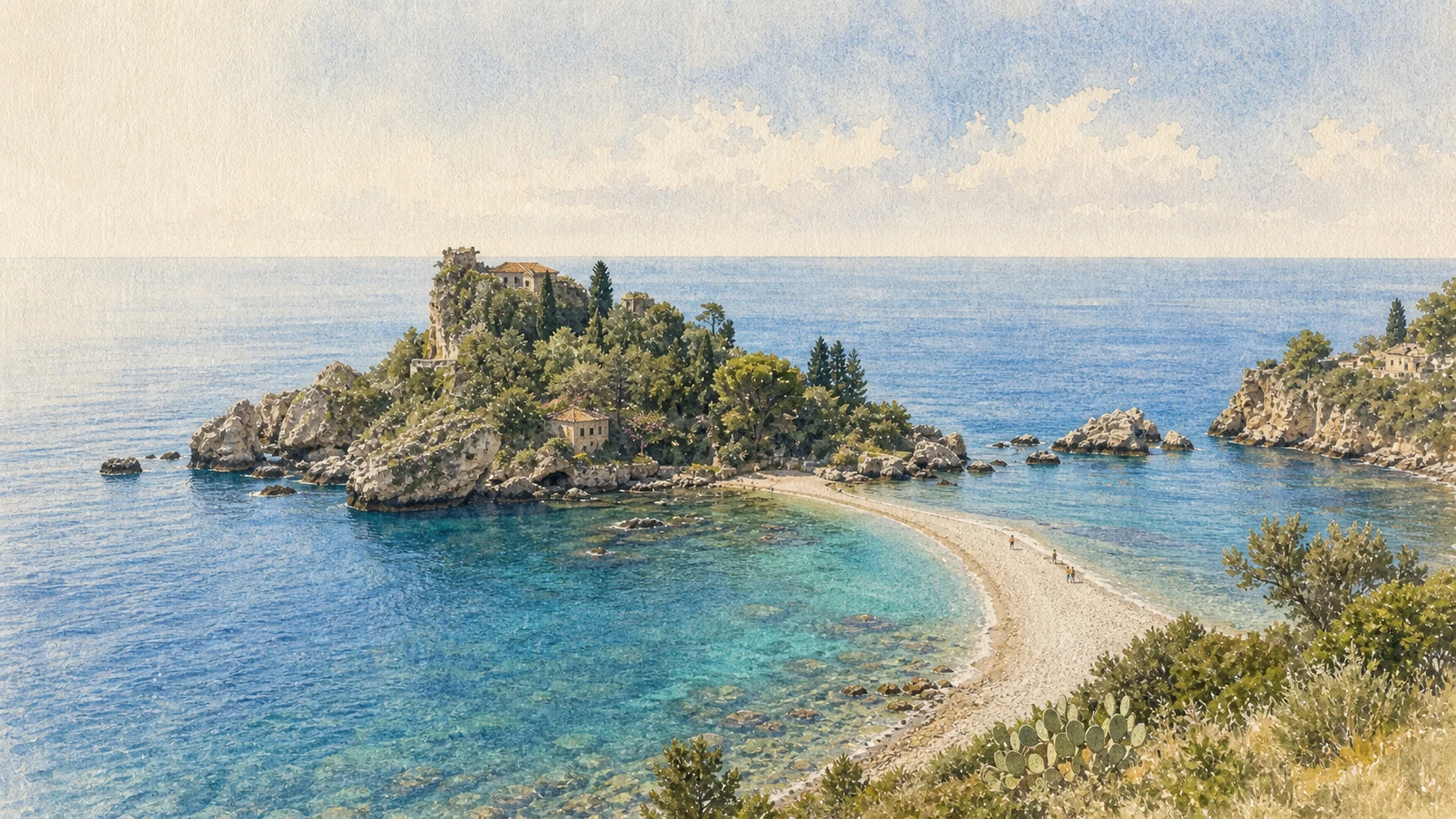 Documentary watercolour of Isola Bella below Taormina with its green rocky island, historic villa, narrow pebble isthmus and clear Ionian water