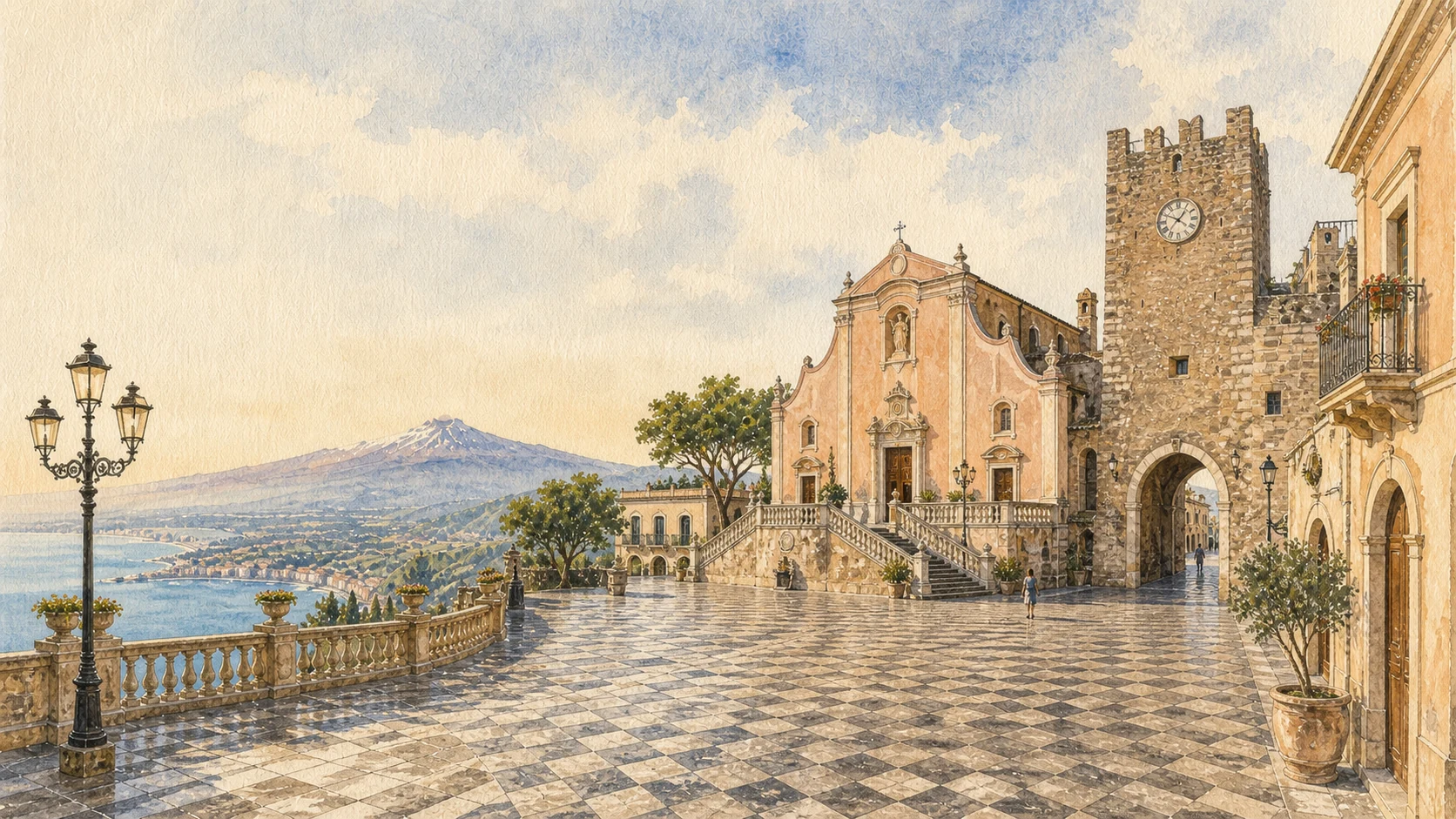 Documentary watercolour of Piazza IX Aprile in Taormina with black and white paving, San Giuseppe, the Clock Tower, the Bay of Naxos and Mount Etna