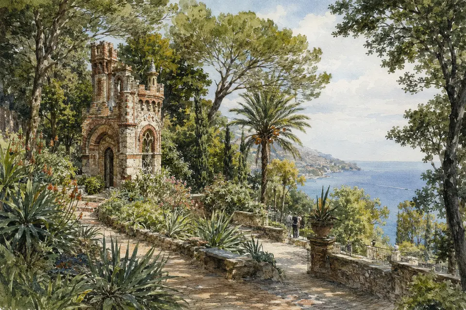 Watercolour view of Trevelyan Park with its garden folly and the Ionian Sea