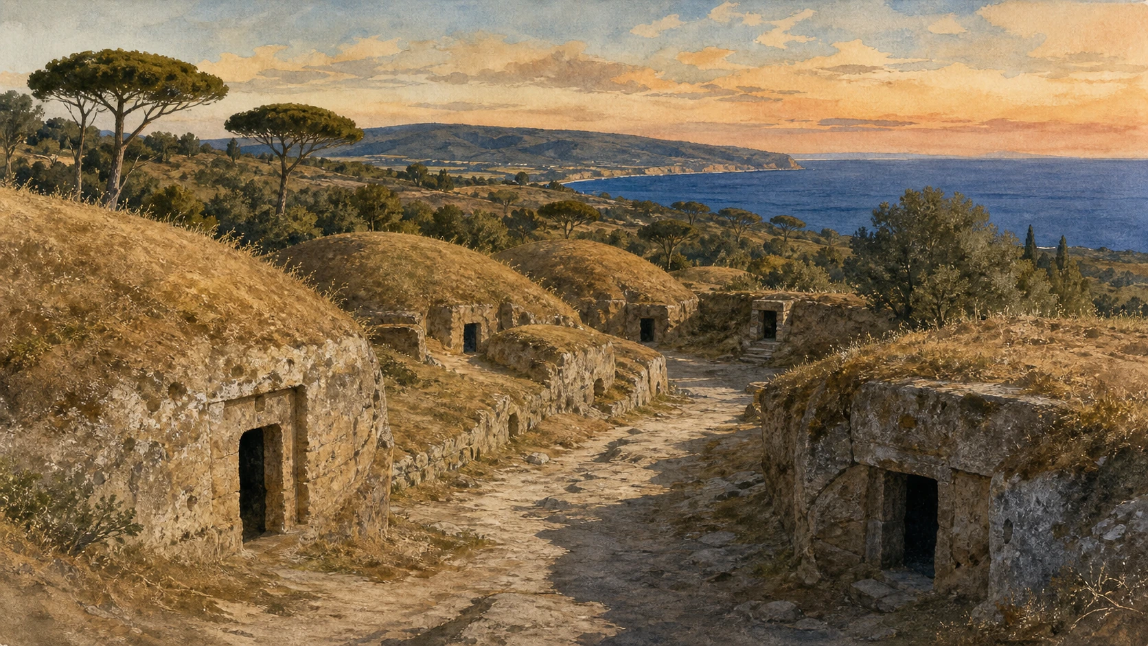 Original documentary watercolour panorama joining the tumulus-lined streets of Cerveteri with Tarquinia's painted tomb landscape above the Tyrrhenian coast