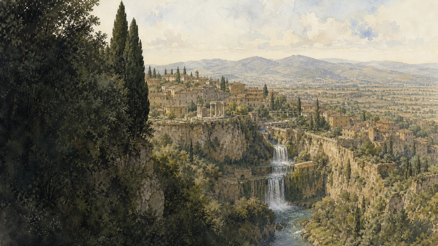 Original documentary watercolour panorama of Tivoli above the Aniene gorge with Villa d'Este gardens and the Tiburtine hills