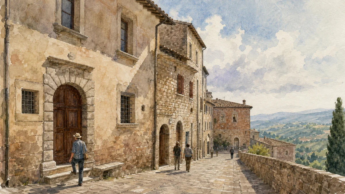 Original documentary watercolour showing Casa Dipinta in its Todi urban or landscape context