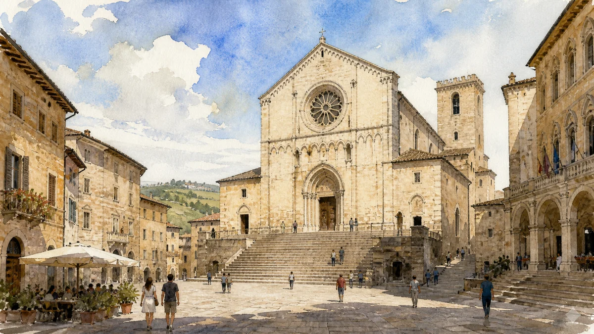 Original documentary watercolour showing Cathedral of Santa Maria Annunziata in its Todi urban or landscape context