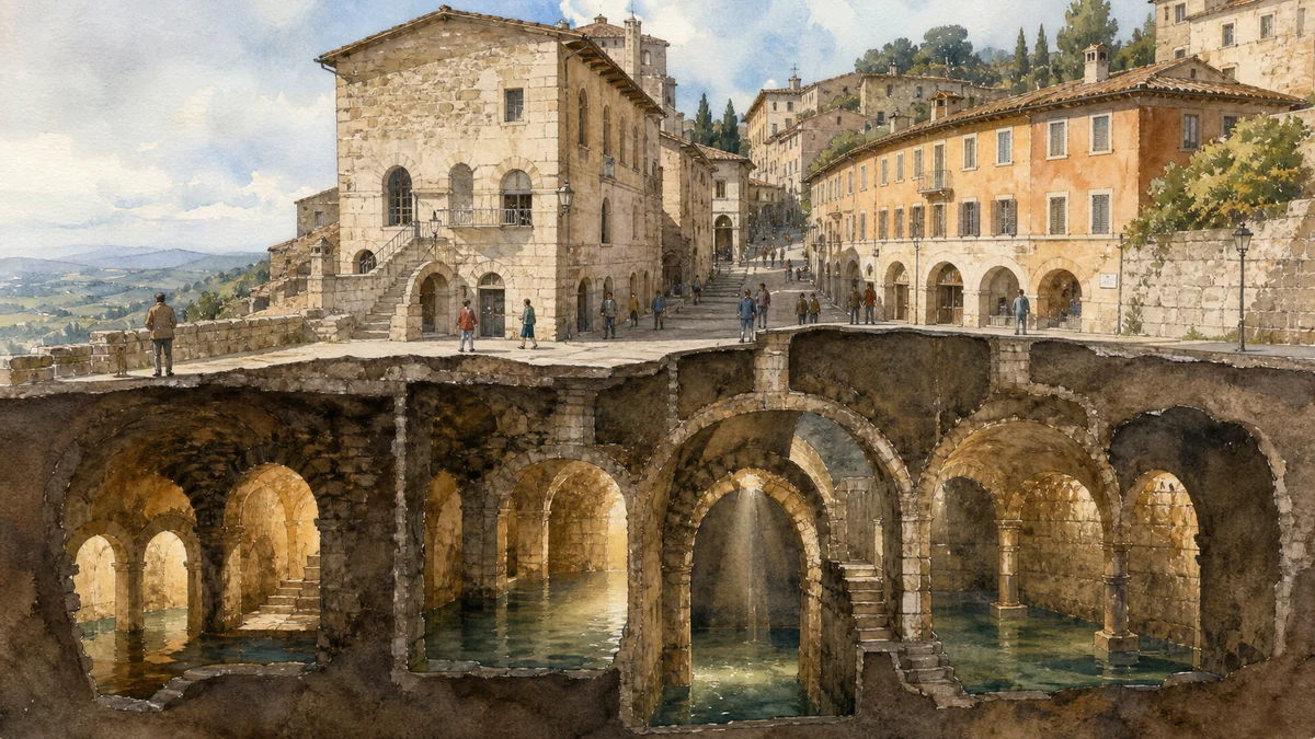 Original documentary watercolour showing Roman cisterns and Todi Underground in its Todi urban or landscape context