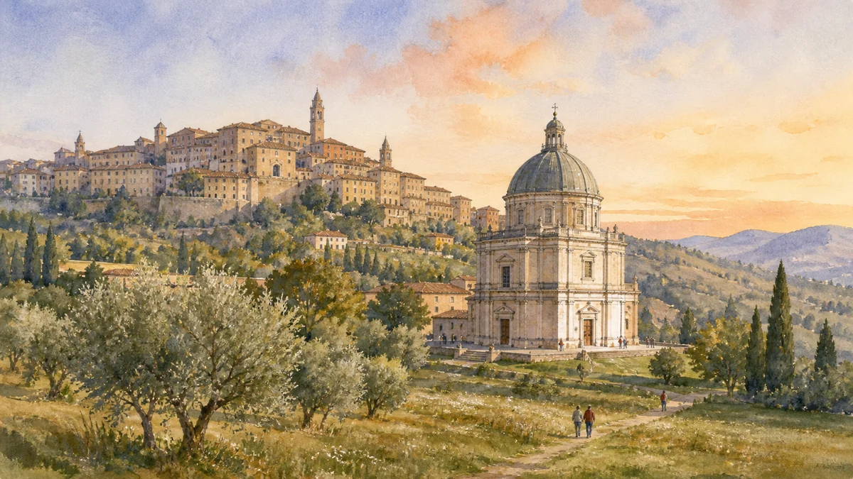 Original documentary watercolour showing Santa Maria della Consolazione in its Todi urban or landscape context