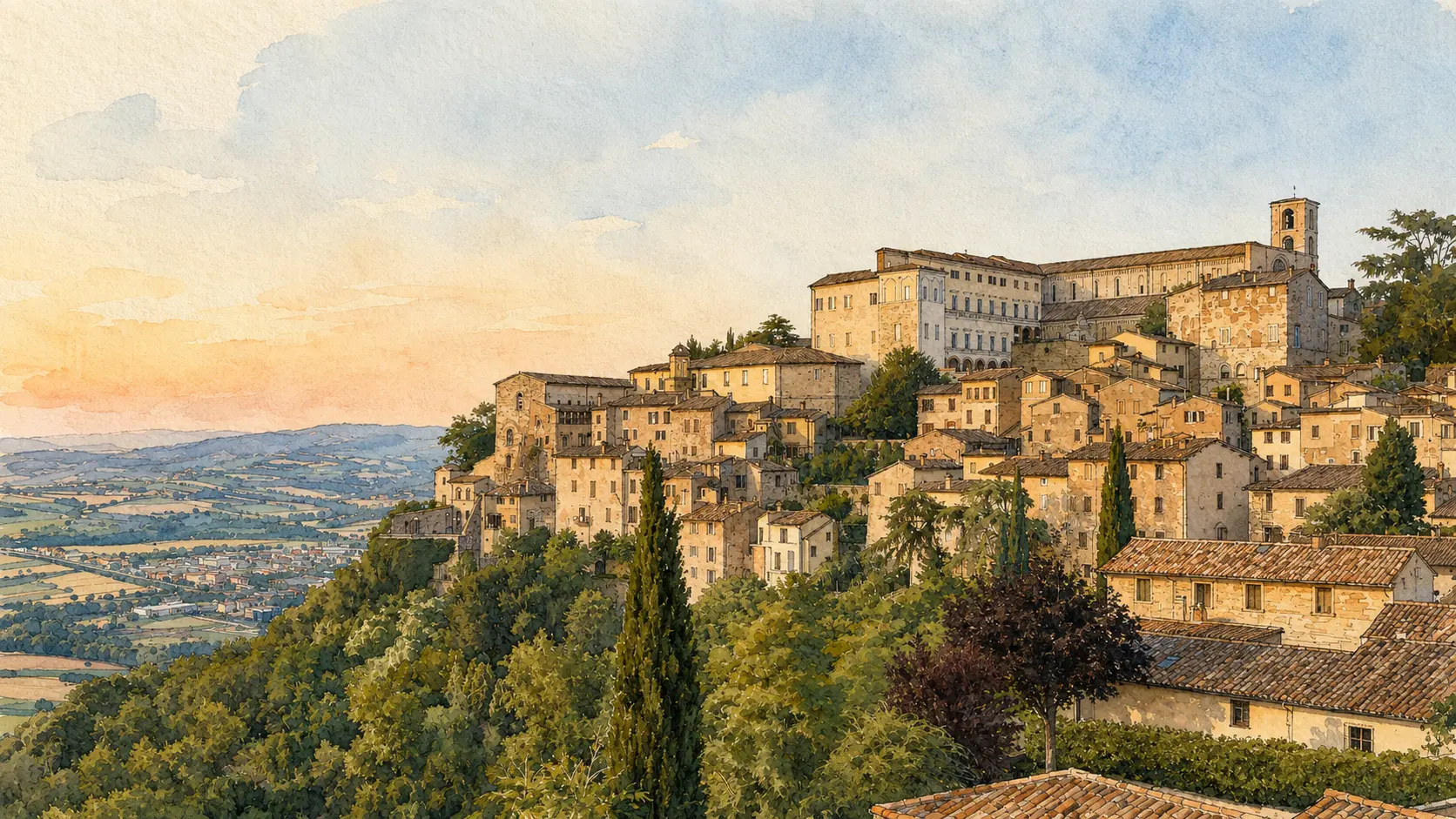 Documentary watercolour panorama of Todi with its walls, towers and Santa Maria della Consolazione