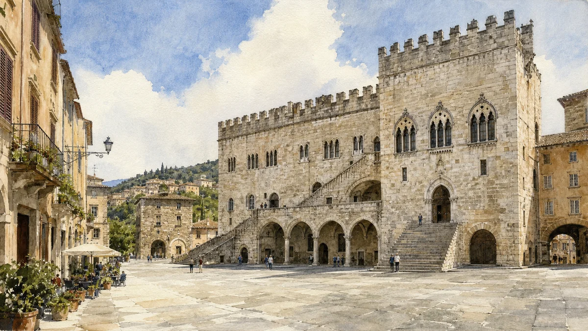 Original documentary watercolour showing Palazzo del Popolo, Palazzo del Capitano and Civic Museum in its Todi urban or landscape context
