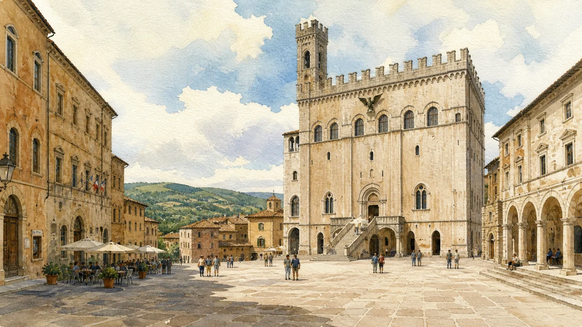 Original documentary watercolour showing Palazzo dei Priori in its Todi urban or landscape context