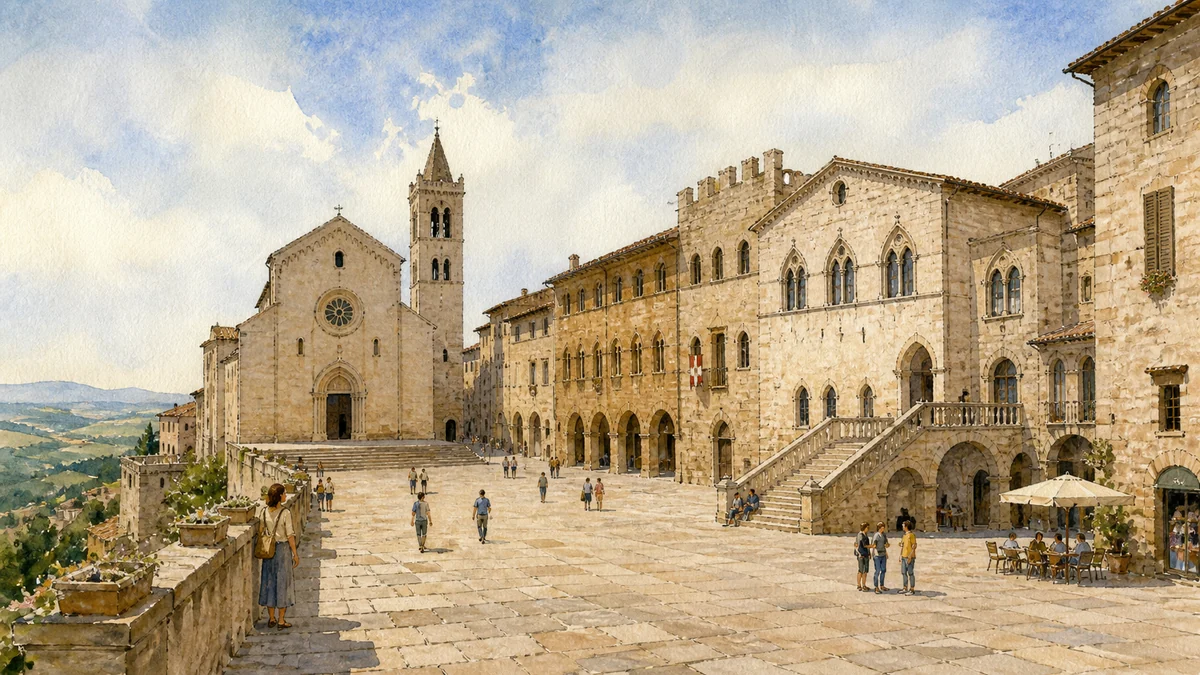 Original documentary watercolour showing Piazza del Popolo in its Todi urban or landscape context