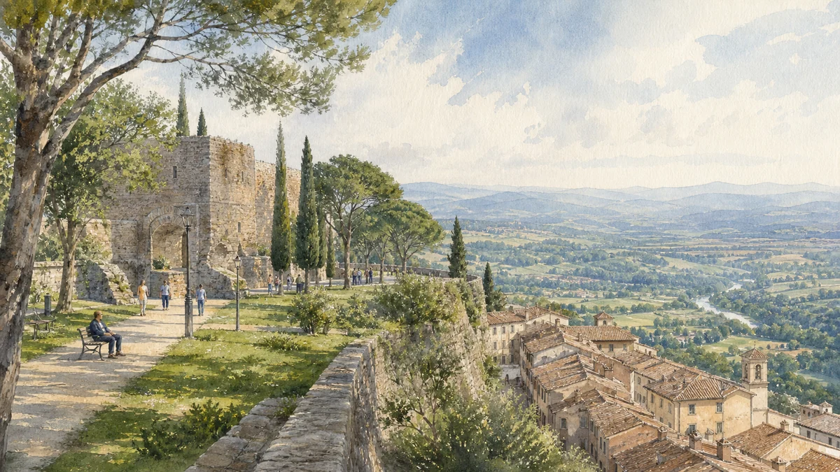 Original documentary watercolour showing Rocca Park and panoramic ridge in its Todi urban or landscape context