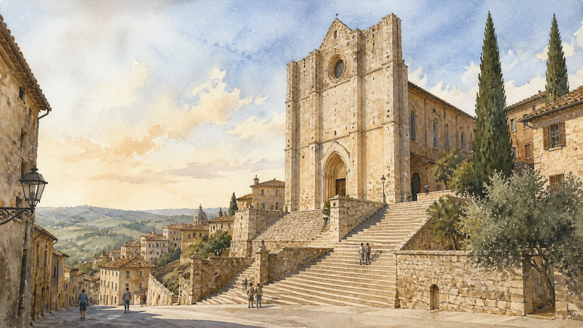 Original documentary watercolour showing Church of San Fortunato in its Todi urban or landscape context