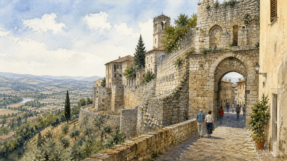 Original documentary watercolour showing Ancient walls and medieval gates in its Todi urban or landscape context