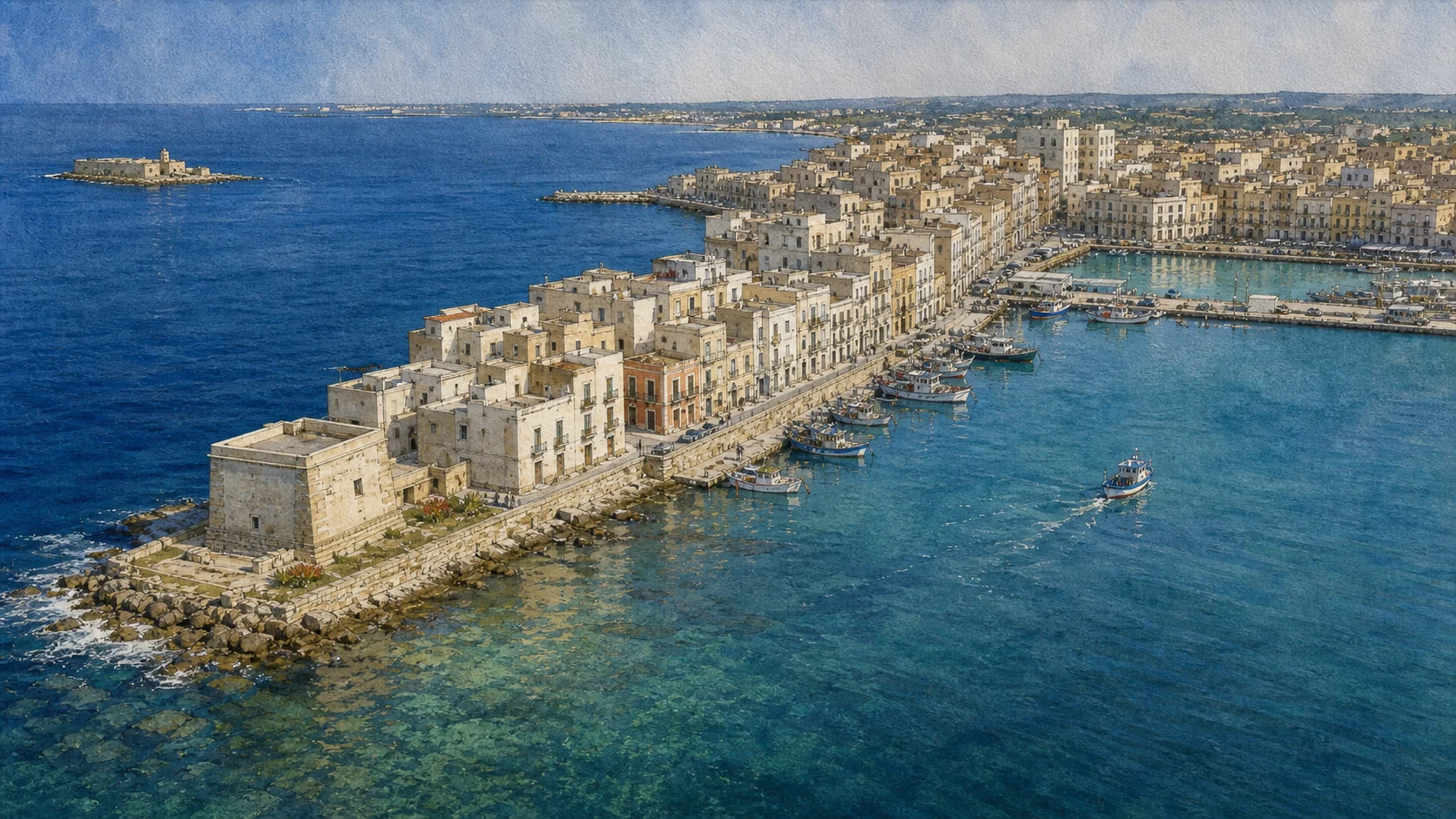 Documentary watercolour aerial of Trapani's long low peninsula with square Torre di Ligny, pale old-city buildings, harbour quays and a separate Colombaia islet