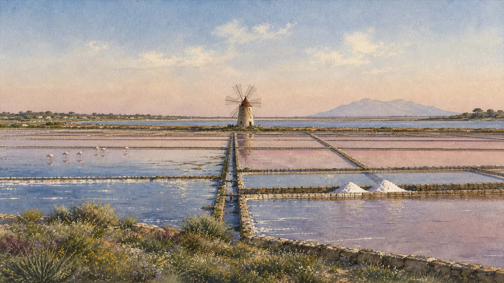 Documentary watercolour of Trapani's geometric salt basins with narrow embankments, one traditional six-sail mill, small salt piles and distant flamingos