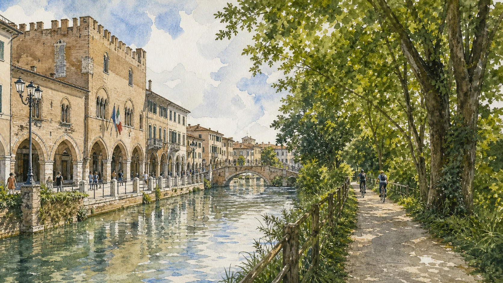 Original documentary watercolour panorama of Treviso with porticoes, canals, walls and the Sile towpath toward Casier
