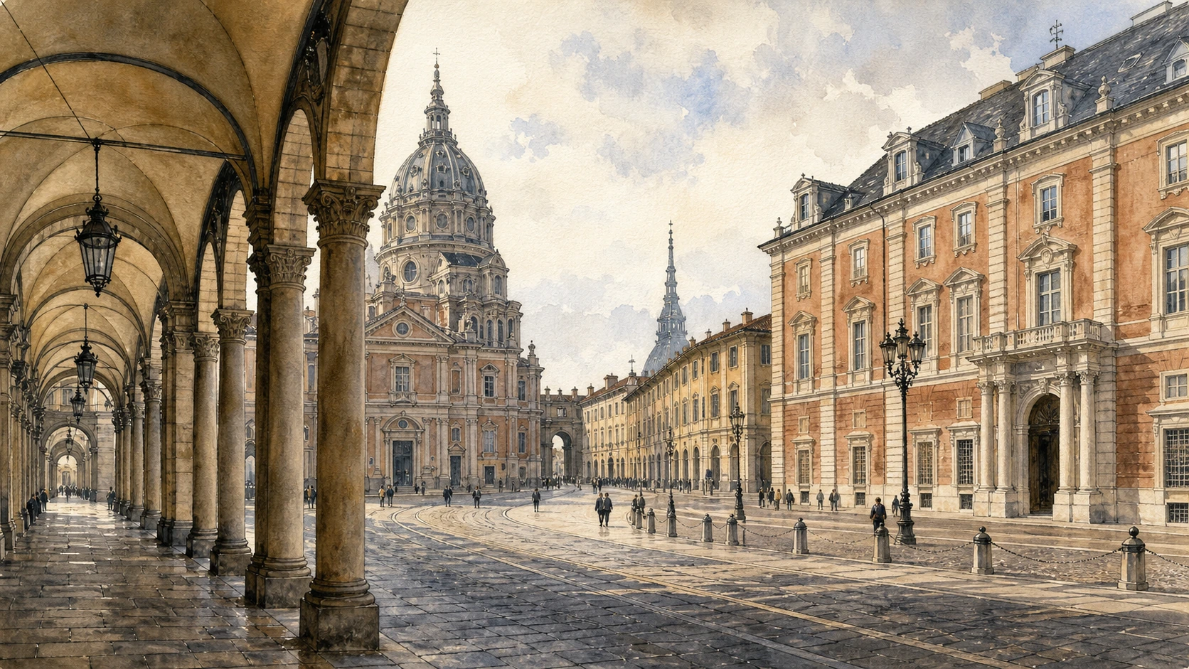 Original documentary watercolour panorama for Baroque Turin, Guarini and the Planned Capital: Complete Guide, with accurate Piedmont architecture, landscape and lived context