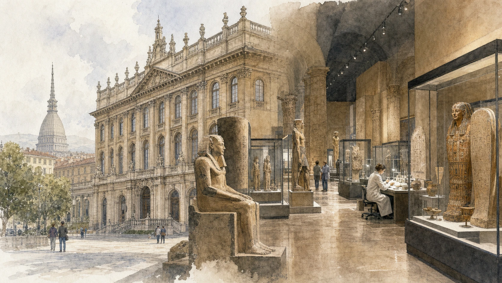 Original documentary watercolour panorama for Museo Egizio and the City of Collections: Complete Guide, with accurate Piedmont architecture, landscape and lived context