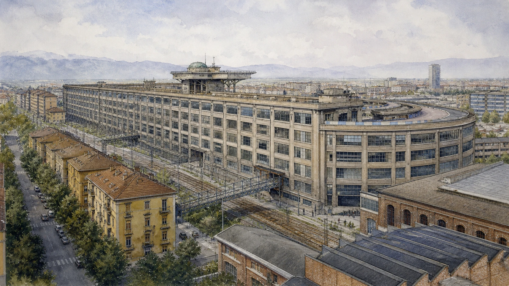 Original documentary watercolour panorama for Lingotto, FIAT and the Industrial Metropolis: Complete Guide, with accurate Piedmont architecture, landscape and lived context