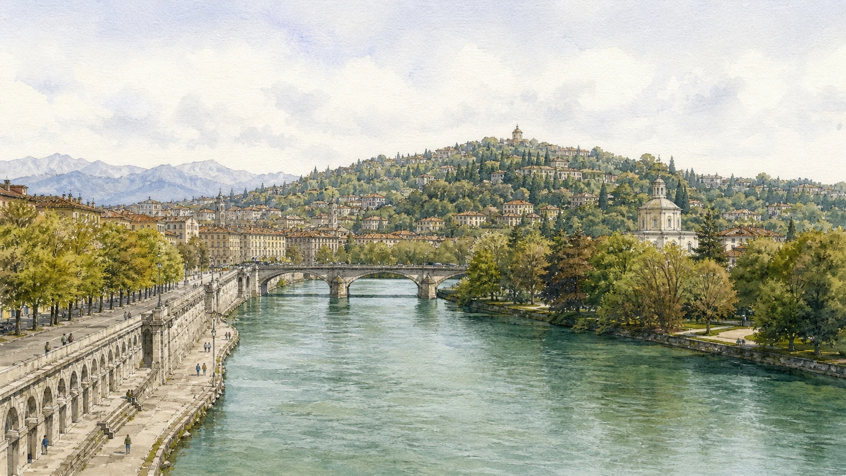 Original documentary watercolour panorama for The Po, Valentino and the Turin Hills: Complete Guide, with accurate Piedmont architecture, landscape and lived context