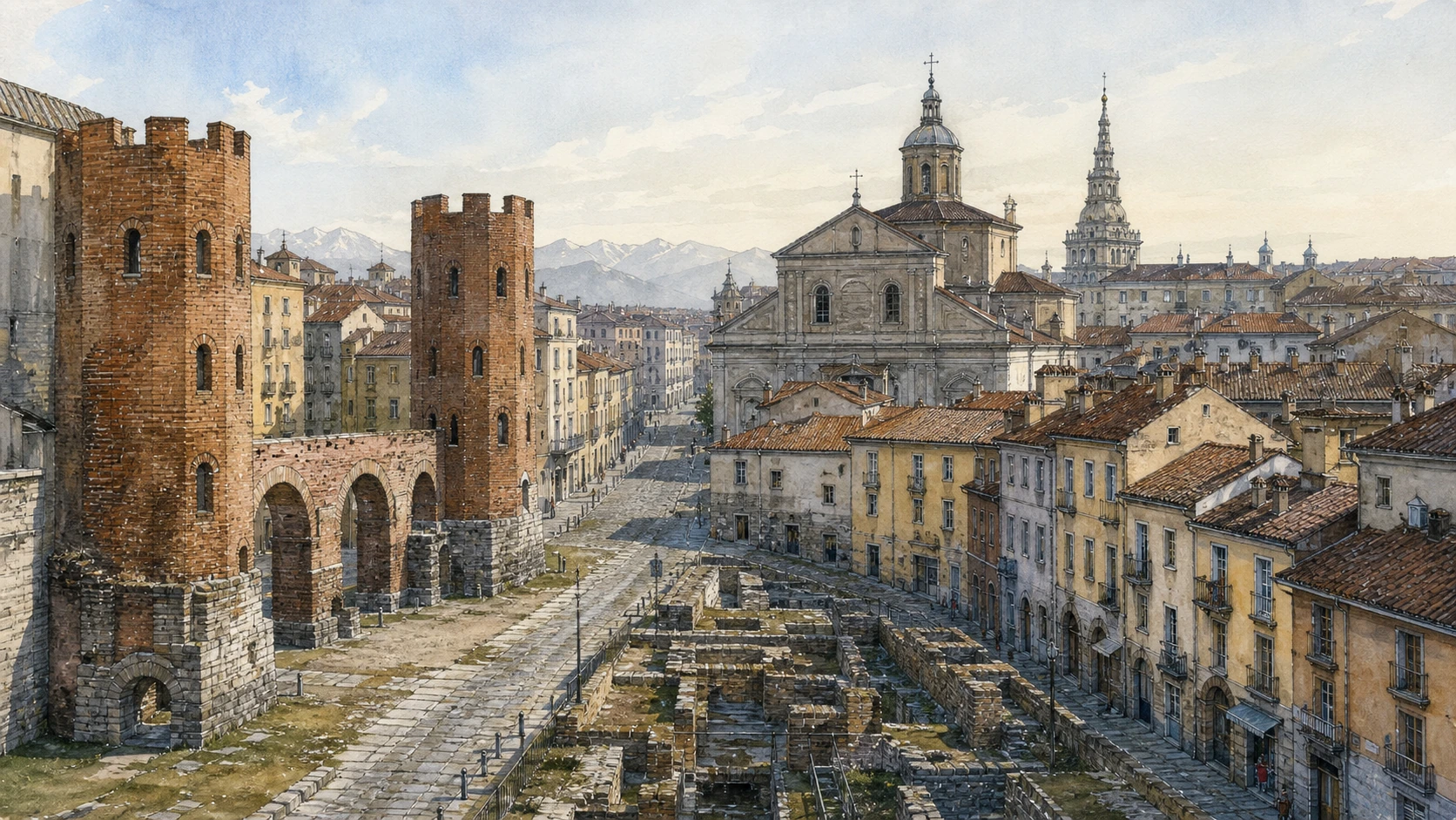 Original documentary watercolour panorama for Roman Turin, the Cathedral and the Quadrilatero: Complete Guide, with accurate Piedmont architecture, landscape and lived context